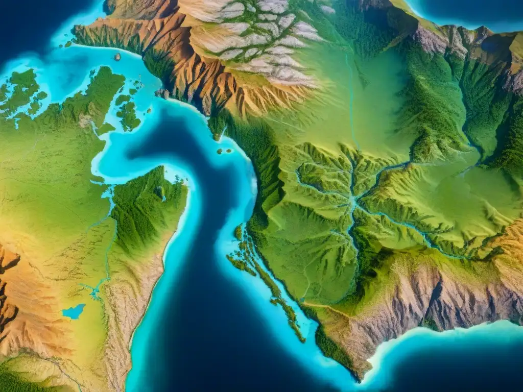 Mapa detallado del mundo en sepia, con montañas, ríos y bosques