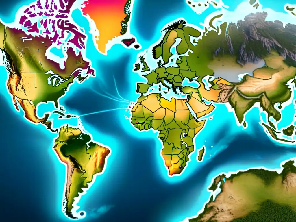 Un mapa detallado del mundo en sepia, con nodos y líneas que simbolizan la evolución de la cartografía y los mapas tecnológicos interactivos