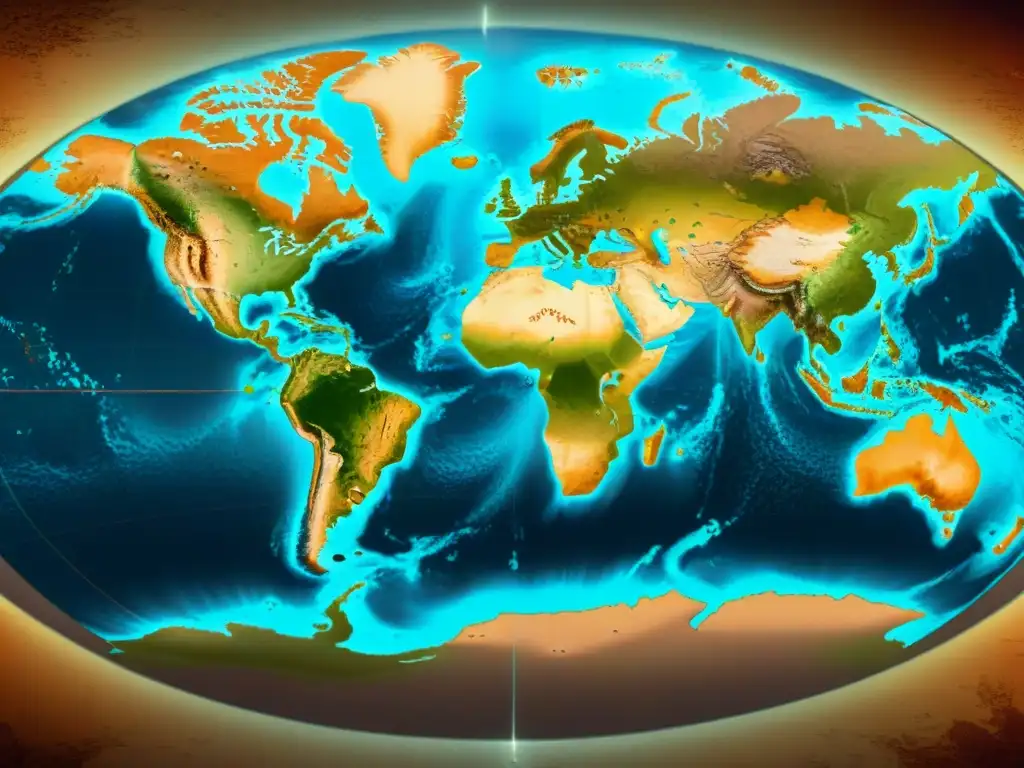 Un mapa detallado del mundo en sepia con patrones de calor, destacando la evolución de los mapas de calor en cartografía