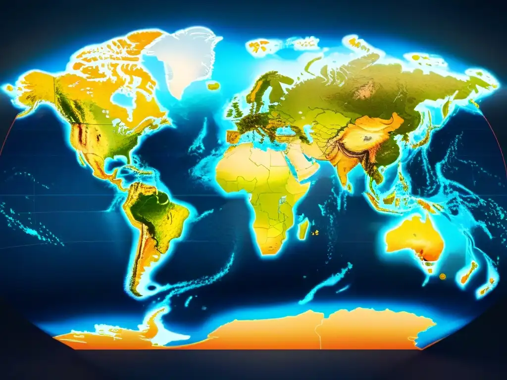 Mapa detallado en sepia del mundo con patrones de visualización de datos, puntos coloridos representando Big Data en cartografía digital