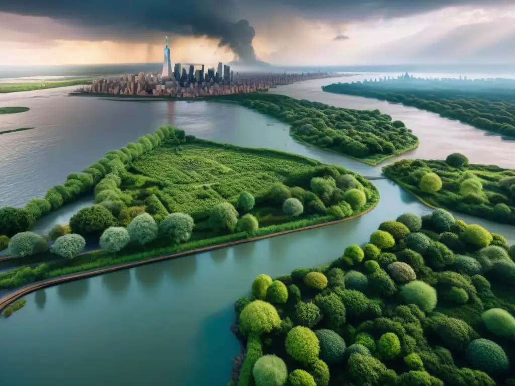 Un mapa sepia detallado de un mundo postapocalíptico, con edificios en ruinas, vegetación sobrepasando la ciudad y nubes de tormenta ominosas