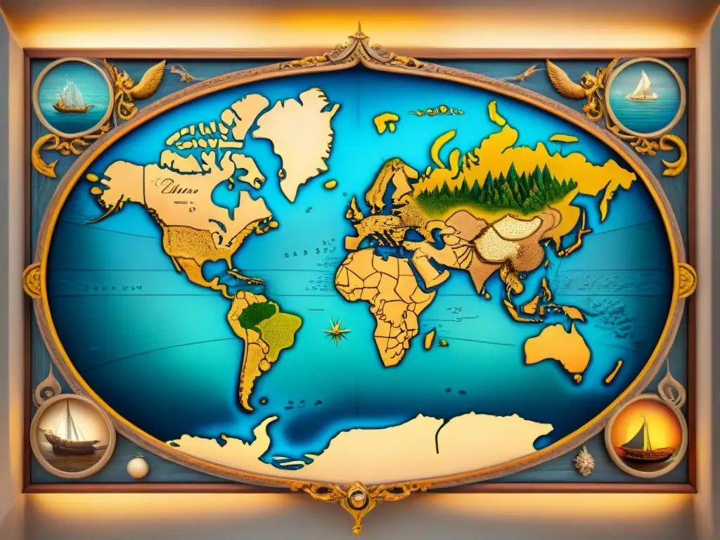 Mapa detallado del mundo durante el Renacimiento con criaturas marinas y exploradores, en la Revolución cartográfica del Renacimiento