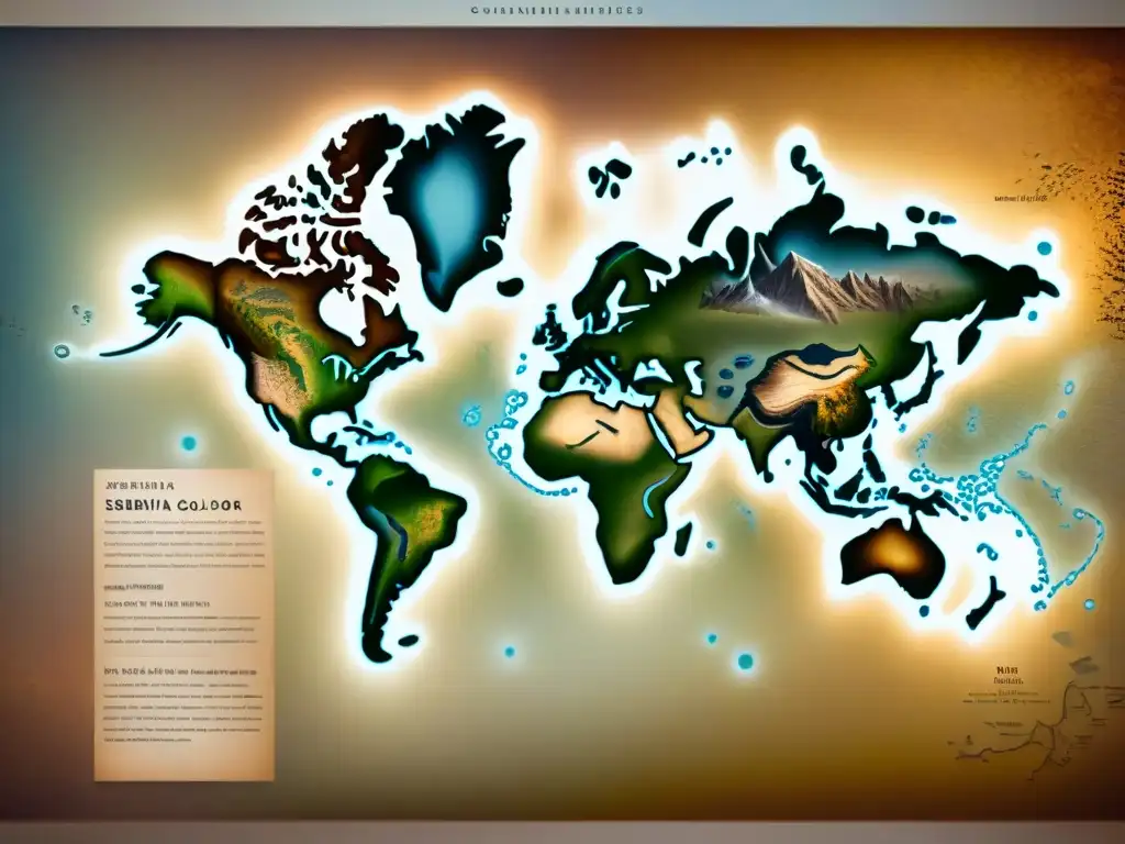 Un mapa detallado en sepia del mundo con rutas de exploradores antiguos