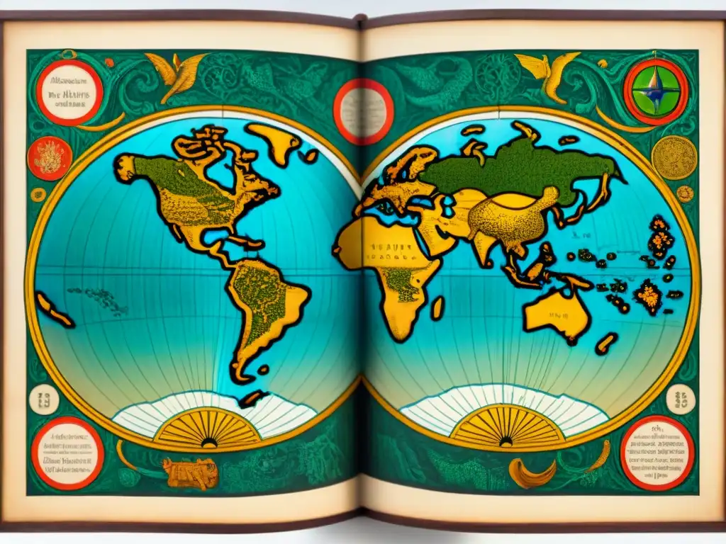 Mapa detallado del mundo del siglo XVI con monstruos marinos, barcos y rosas de los vientos, resaltando la importancia de la cartografía educativa