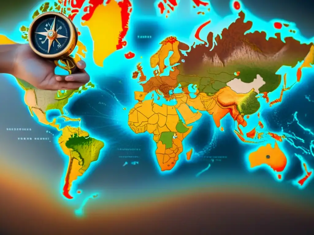 Mapa detallado sepia del mundo con símbolos intrincados y rosa de los vientos, ideal para software cartografía ciencia datos visualización