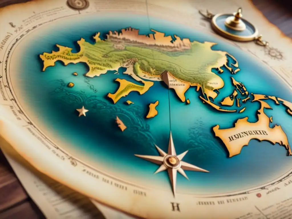 Mapa antiguo del mundo: detallado y misterioso Un mapa detallado del mundo en tonos sepia, estilo antiguo, con ilustraciones de monstruos marinos y criaturas míticas, sobre pergamino envejecido