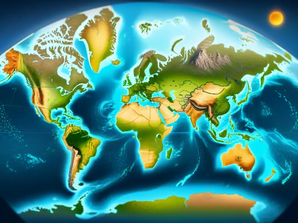 Mapa detallado del mundo en sepia, destacando zonas climáticas, densidad poblacional y recursos naturales