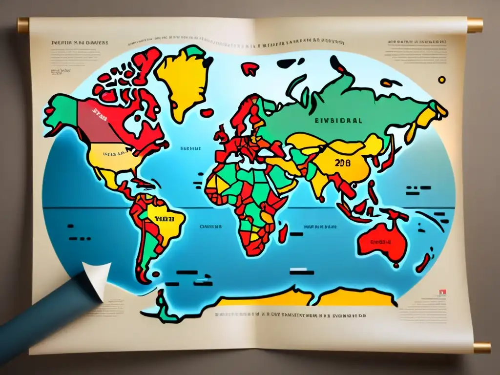 Mapa sepia detallado de negociaciones y cambios de fronteras a lo largo de la historia, con ilustraciones de diplomáticos trazando límites en pergamino