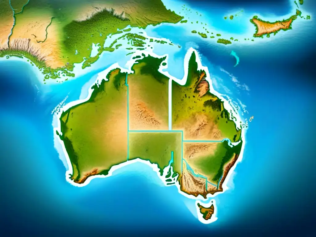 Mapa detallado sepia de Australia y Nueva Zelanda con evolución cartografía, costas, montañas, ríos y ciudades históricas