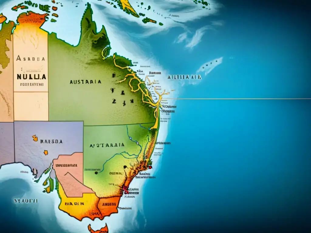 Mapa detallado en sepia de Australia y Nueva Zelanda, mostrando la evolución cartográfica