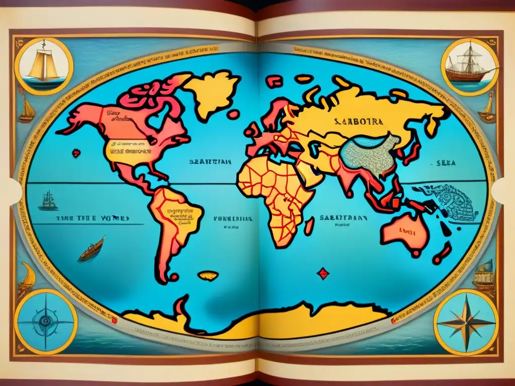 Mapa detallado sepia del Nuevo Mundo, con rutas y descubrimientos de Sebastián Caboto, ilustraciones de barcos y monstruos marinos