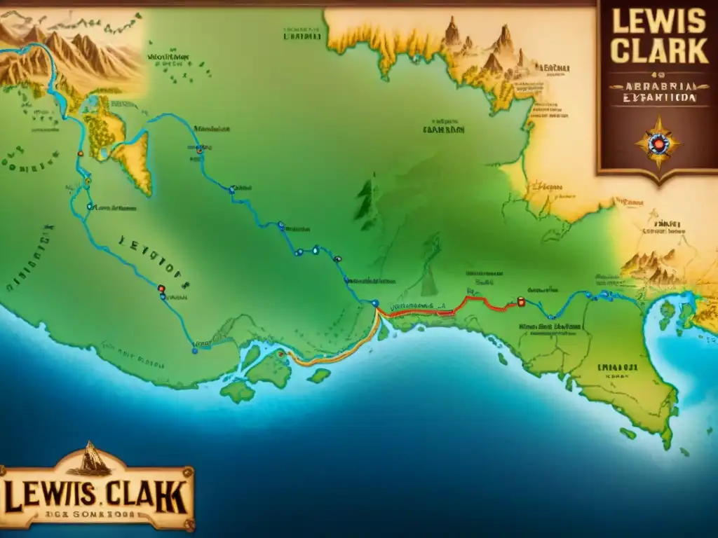 Mapa detallado en sepia de la histórica expedición de Lewis y Clark por el Oeste Americano