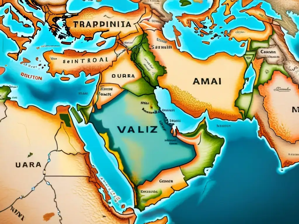 Mapa detallado en sepia de Medio Oriente con elementos cartográficos tradicionales