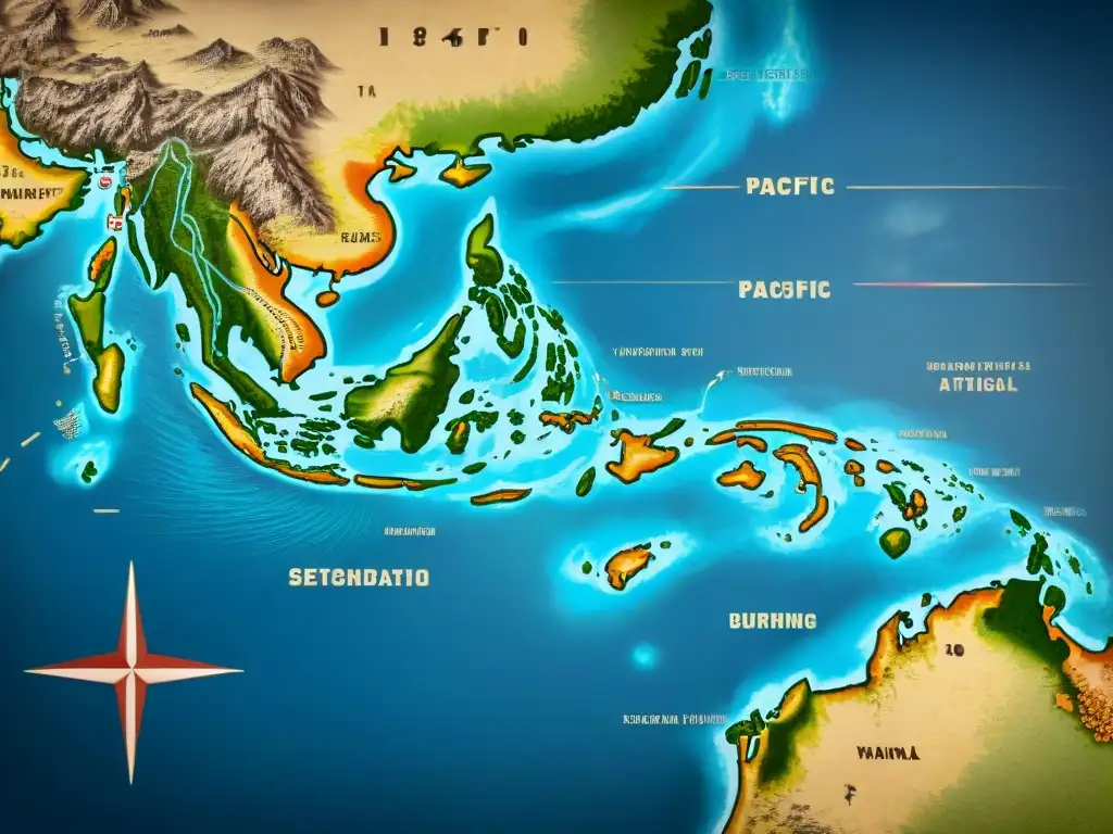 Mapa detallado sepia de posiciones militares estratégicas en el Pacífico durante la Segunda Guerra Mundial