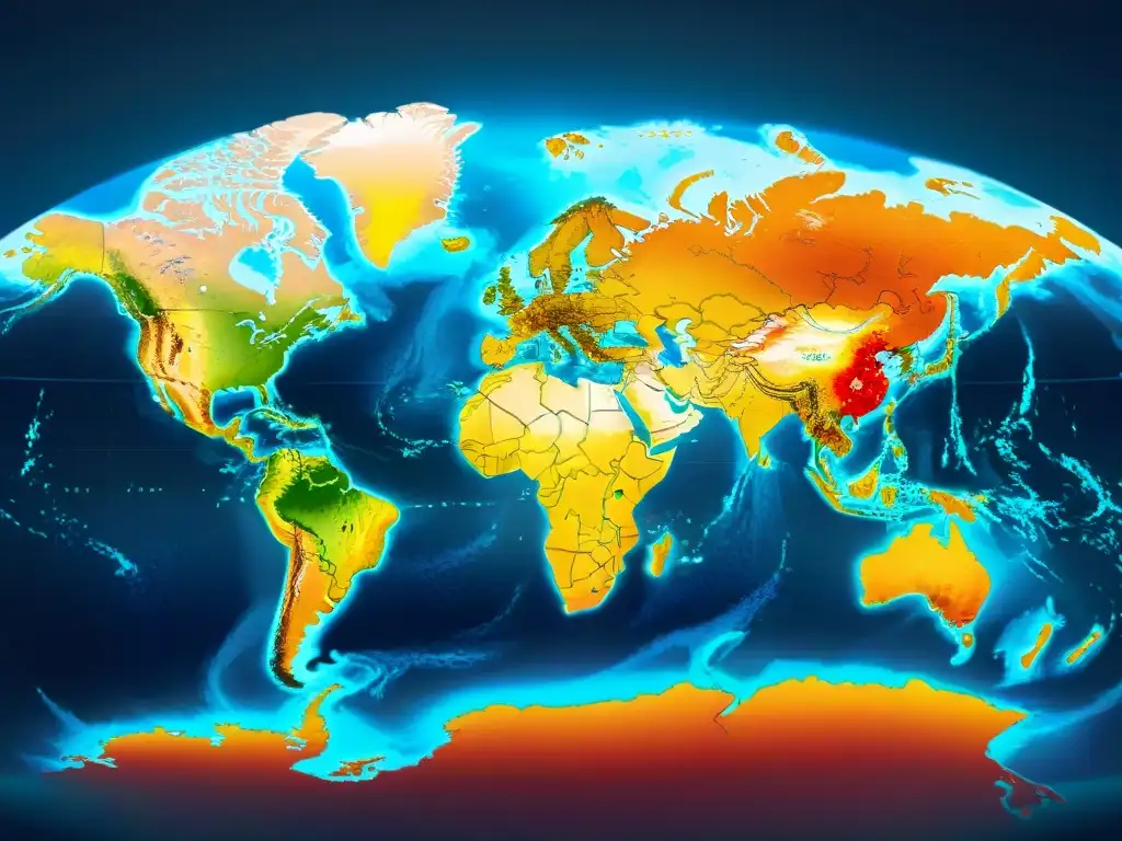 Mapa detallado sepia con proyecciones de temperatura global para el próximo siglo, redes conectando ciudades