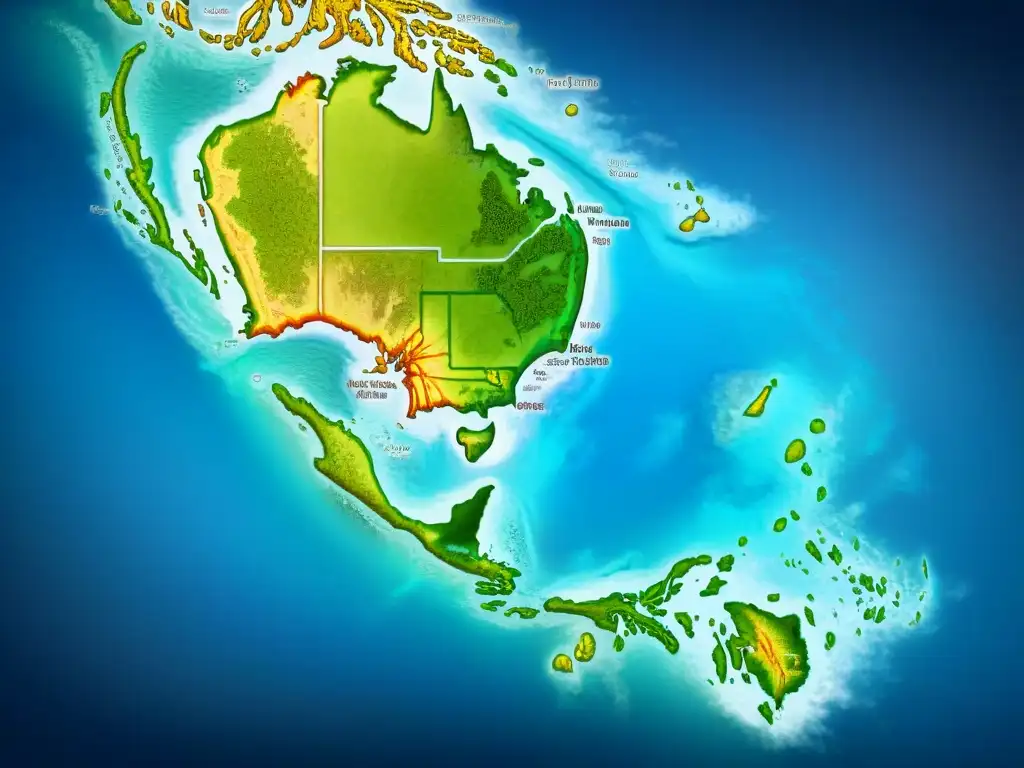 Mapa detallado sepia de Oceanía con representación de pueblos indígenas y elementos cartográficos antiguos