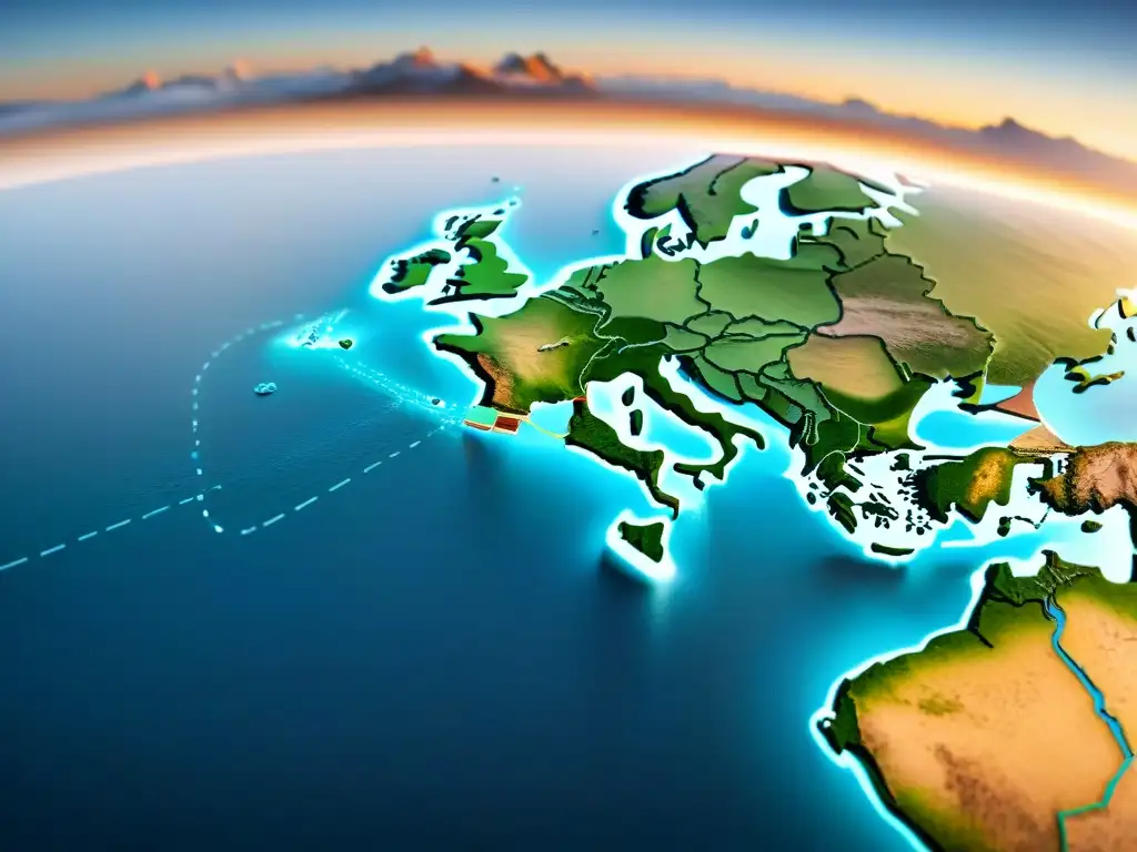 Mapa detallado en sepia con red de líneas y puntos que representan relaciones globales