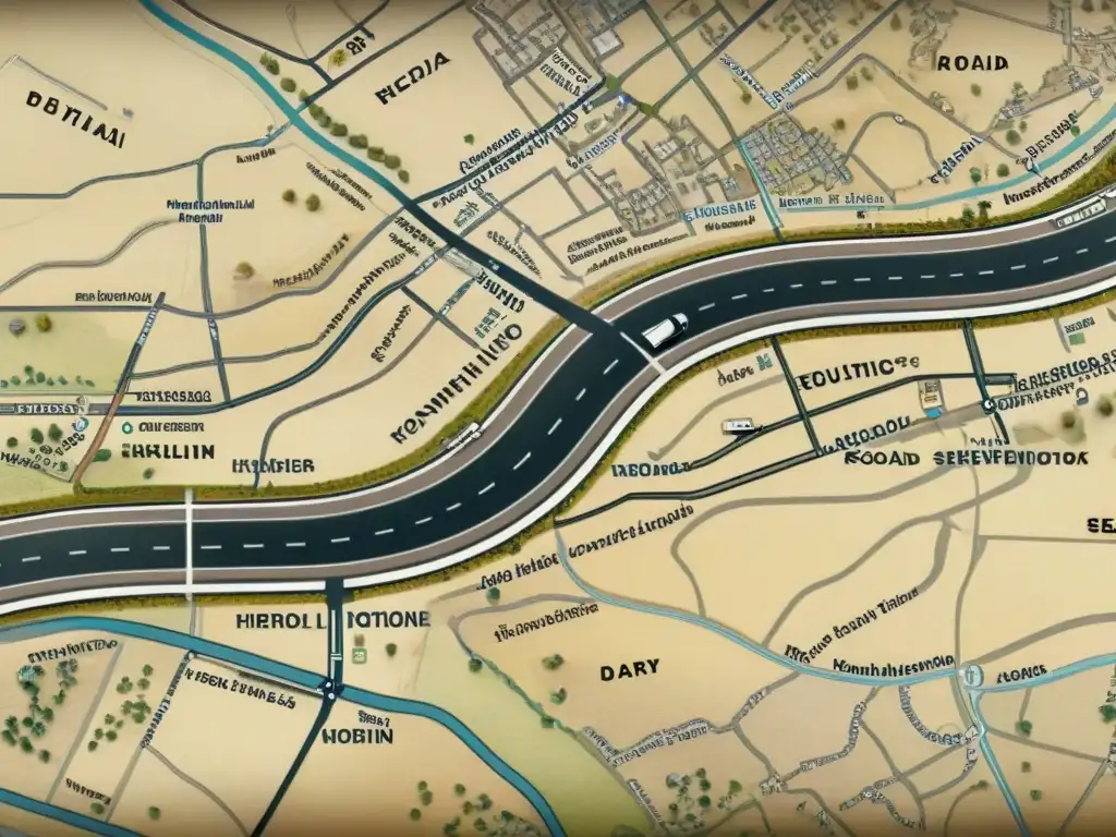 Mapa sepia detallado muestra la evolución de redes viales, desde senderos antiguos hasta complejos sistemas digitales modernos