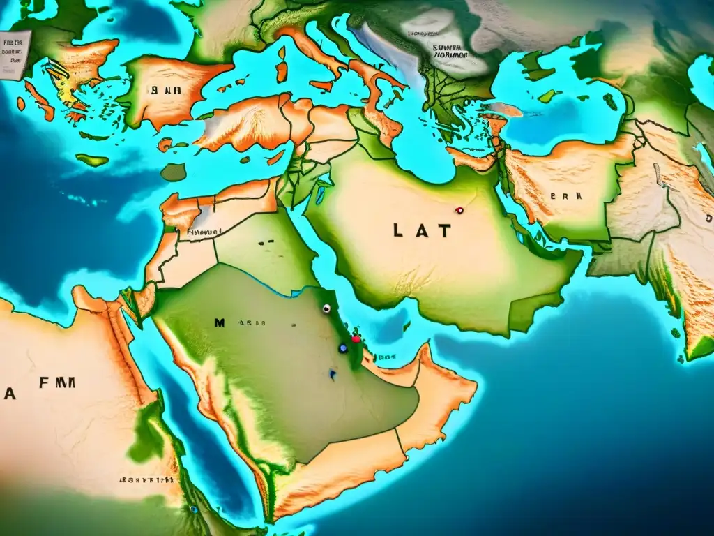 Un mapa detallado en sepia del Medio Oriente con relieve, monumentos antiguos y fronteras políticas, rosa de los vientos y leyenda sutil