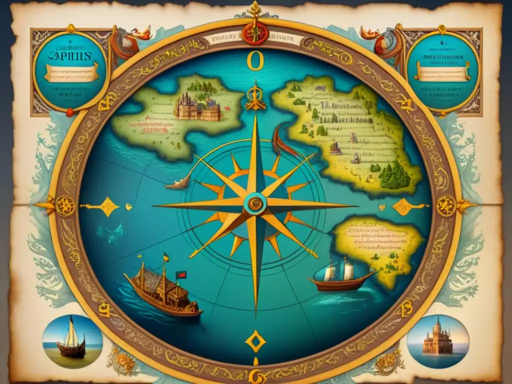 Mapa detallado del Renacimiento con elementos decorativos y criaturas marinas, evocando la Revolución cartográfica Renacimiento