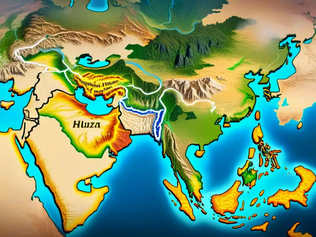 Mapa detallado del Renacimiento de la Ruta de la Seda, resaltando rutas comerciales en oro