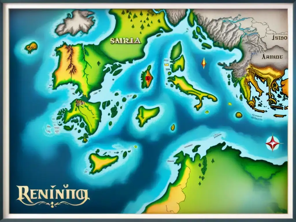 Mapa detallado del Renacimiento con técnicas coloración mapas renacimiento, ilustraciones de monstruos marinos y barcos de navegación