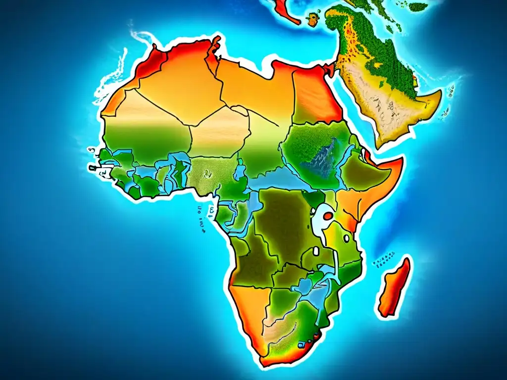 Mapa detallado en sepia de África con ríos azules, bosques verdes, desiertos dorados y montañas nevadas