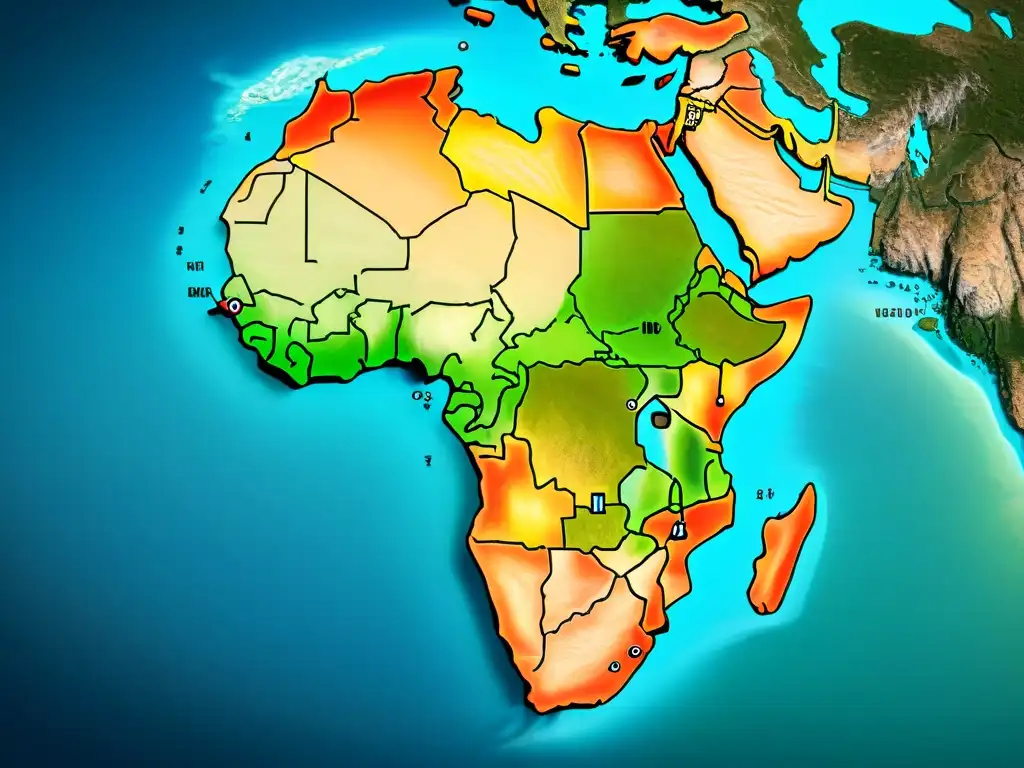 Mapa detallado sepia de África con ríos, montañas y monumentos históricos