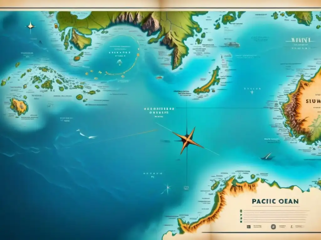 Mapa detallado sepia del Pacífico con diseño vintage, rosas de los vientos, monstruos marinos y barcos