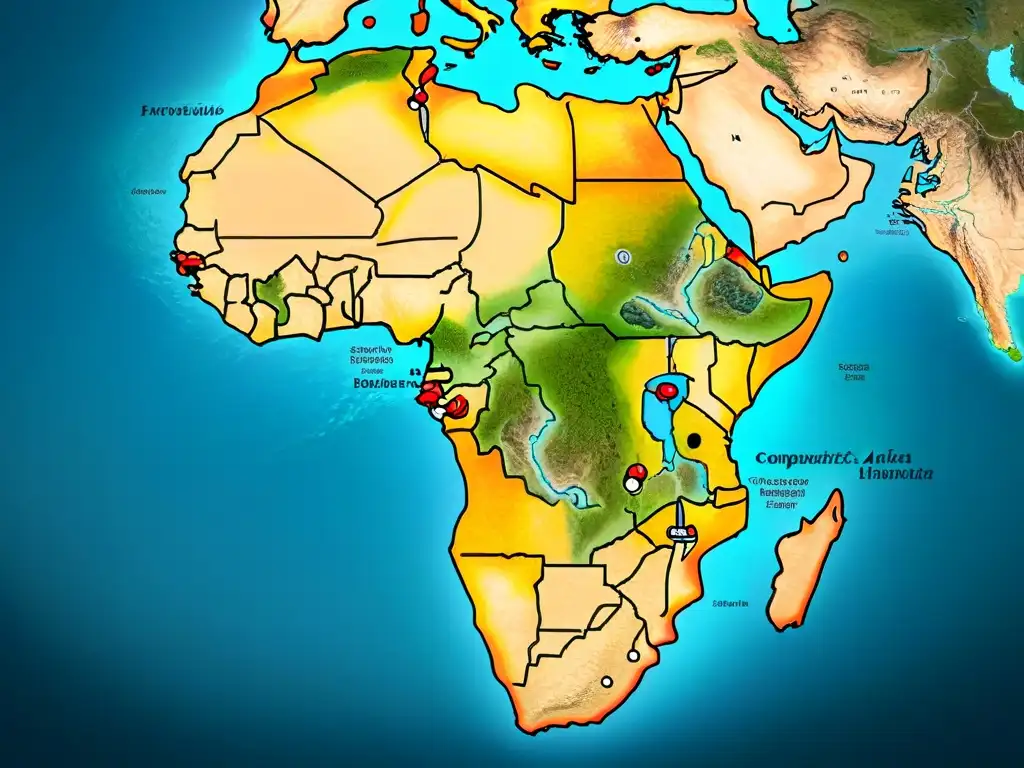 Mapa sepia detallado de África con la ruta de Bartholomeu Dias en tono dorado, adornado con rosas de los vientos y diseños cartográficos