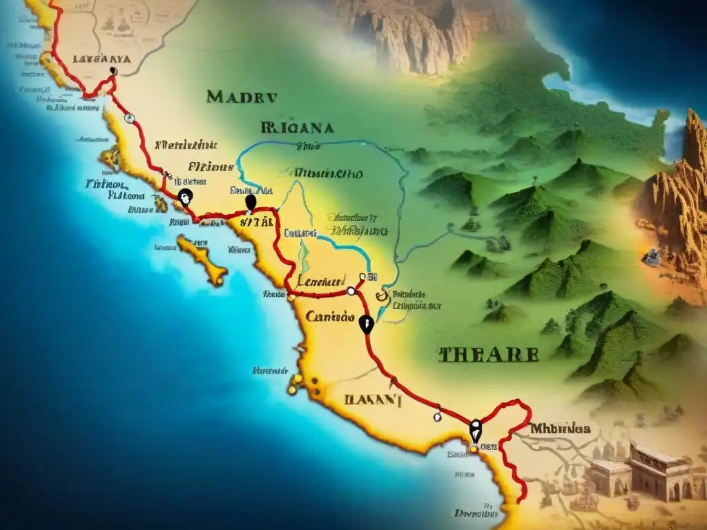 Mapa detallado en sepia de la Ruta del Incienso con caravanas, paisajes desérticos y ciudades clave