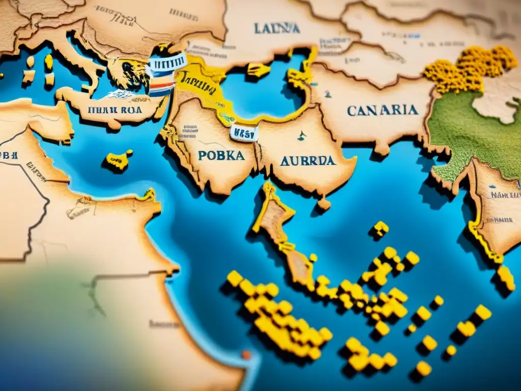 Mapa detallado en sepia de la Ruta de la Seda, con ilustraciones de camellos y caravanas