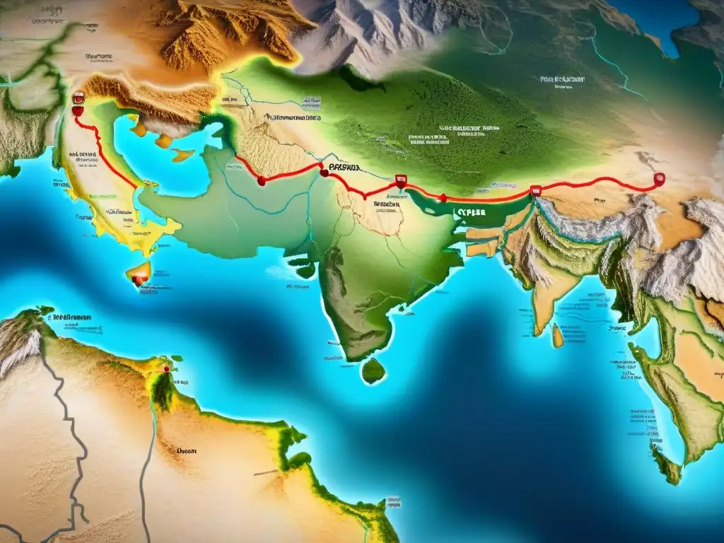 Mapa detallado en sepia de la Ruta de la Seda con caravanas y mercados, evocando la evolución de la cartografía en Asia