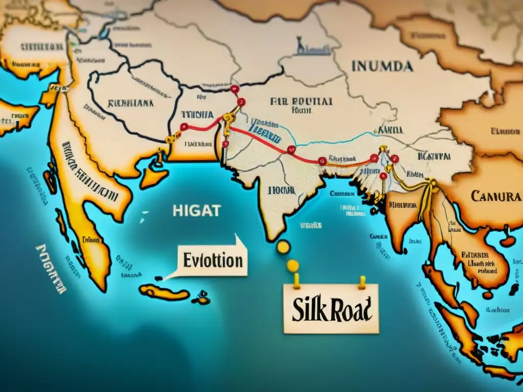 Mapa detallado en sepia de la evolución de la Ruta de la Seda, con rutas comerciales y ciudades clave