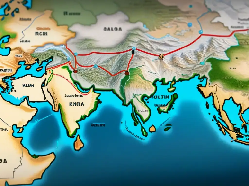 Mapa detallado sepia de la Ruta de la Seda, con rutas, ciudades y paisajes