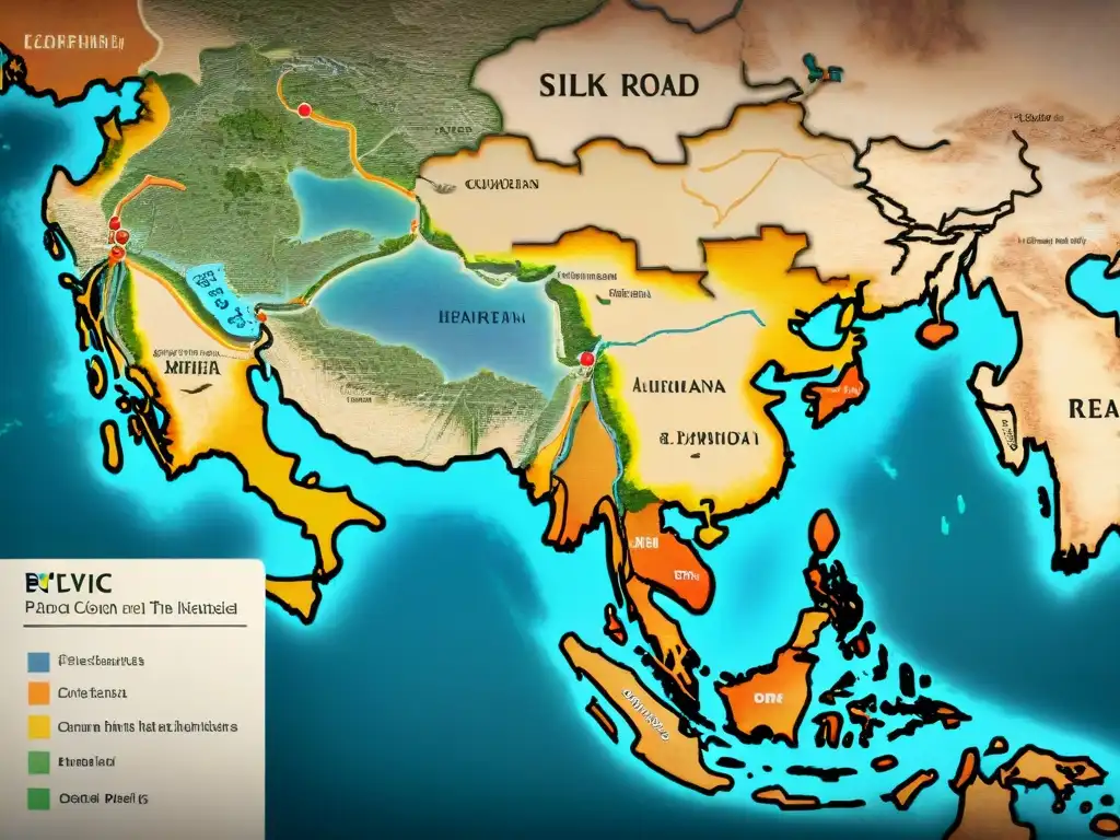 Mapa detallado de la Ruta de la Seda en sepia del Renacimiento, con ilustraciones vibrantes de camellos y mercaderes