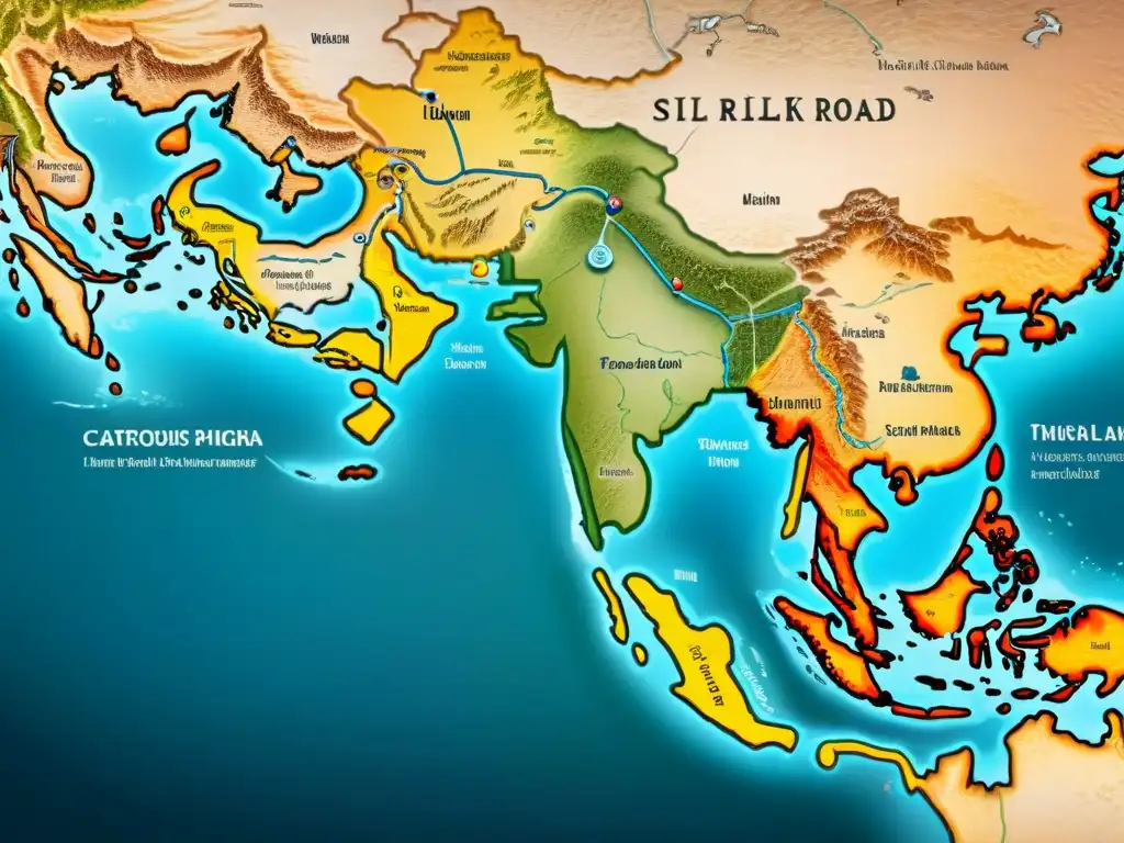 Mapa detallado de la Ruta de la Seda, evolución cartografía con antiguas rutas comerciales y símbolos artísticos