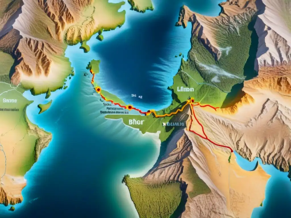 Mapa sepia detallado de la Ruta de la Seda con camellos y mercaderes, evocando historia de la cartografía evolutiva