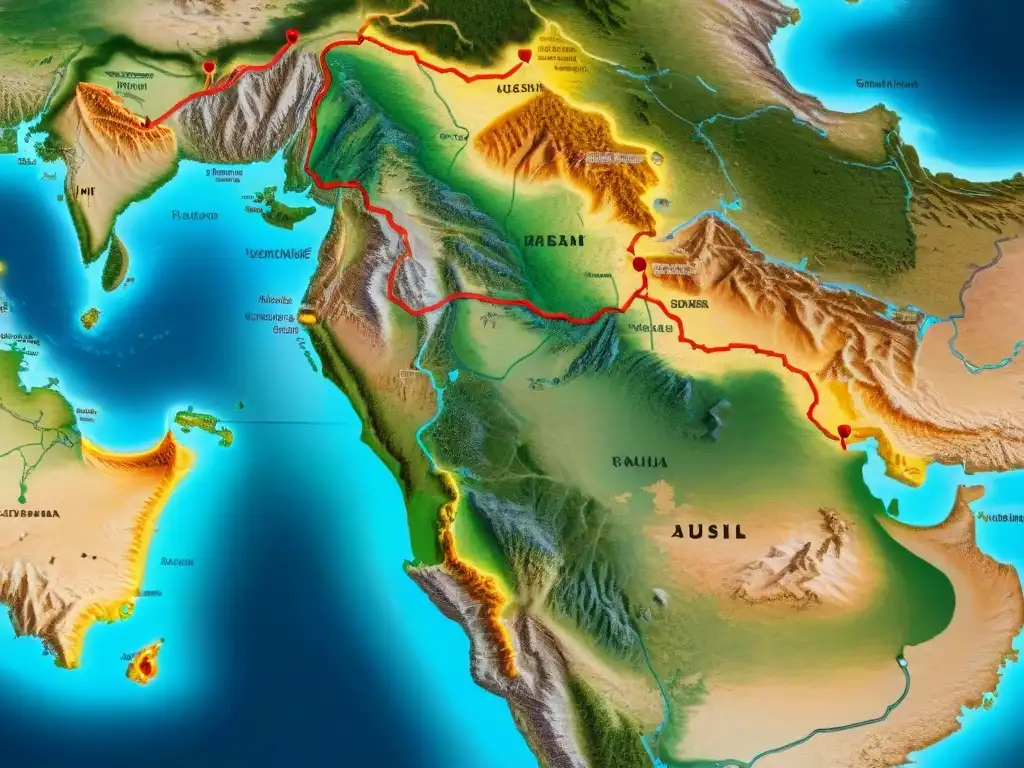 Mapa detallado de la Ruta de la Seda en sepia, con rutas comerciales, intercambios culturales y paisajes antiguos