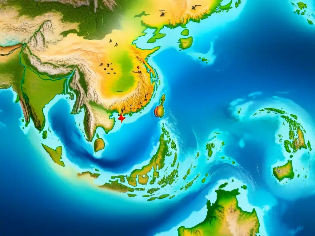 Mapa sepia detallado de rutas antiguas en el Mar de China Meridional, con adornos y puntos de interés histórico