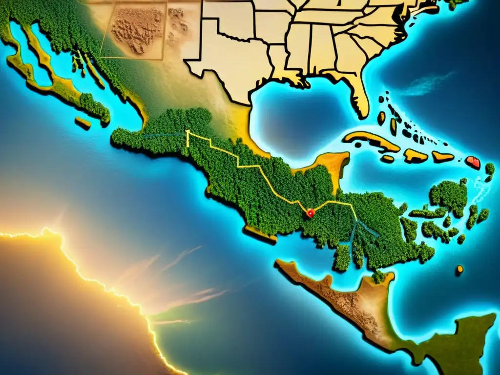 Mapa detallado en sepia de rutas comerciales precolombinas, con símbolos de bienes intercambiados