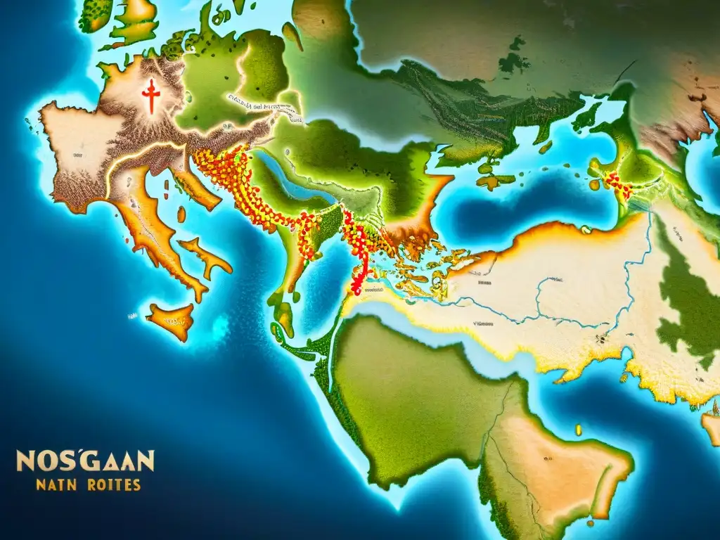 Mapa sepia detallado de rutas comerciales en el Imperio Otomano, destacando la cartografía otomana