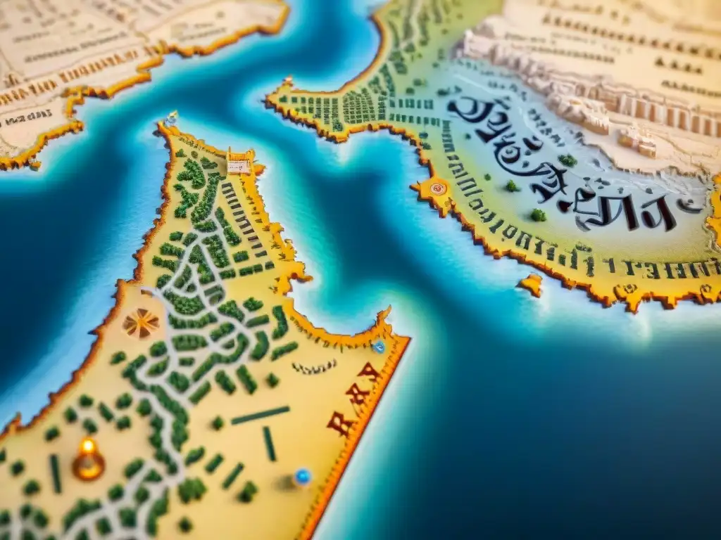 Mapa detallado en sepia de rutas comerciales e hitos geográficos, con influencia árabe en cartografía digital