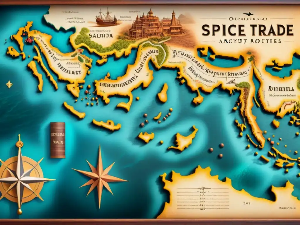 Un mapa detallado de las rutas comerciales de especias, con ilustraciones de especias, barcos y elementos cartográficos antiguos