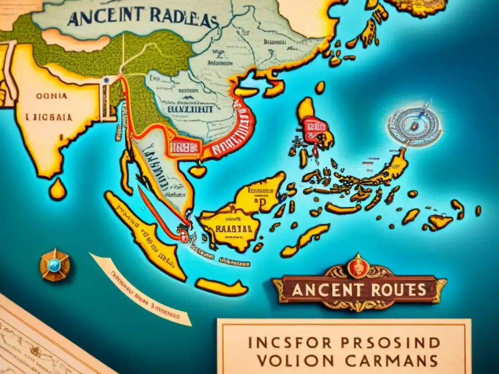 Mapa detallado en sepia de rutas comerciales antiguas, con barcos, caravanas y animales exóticos