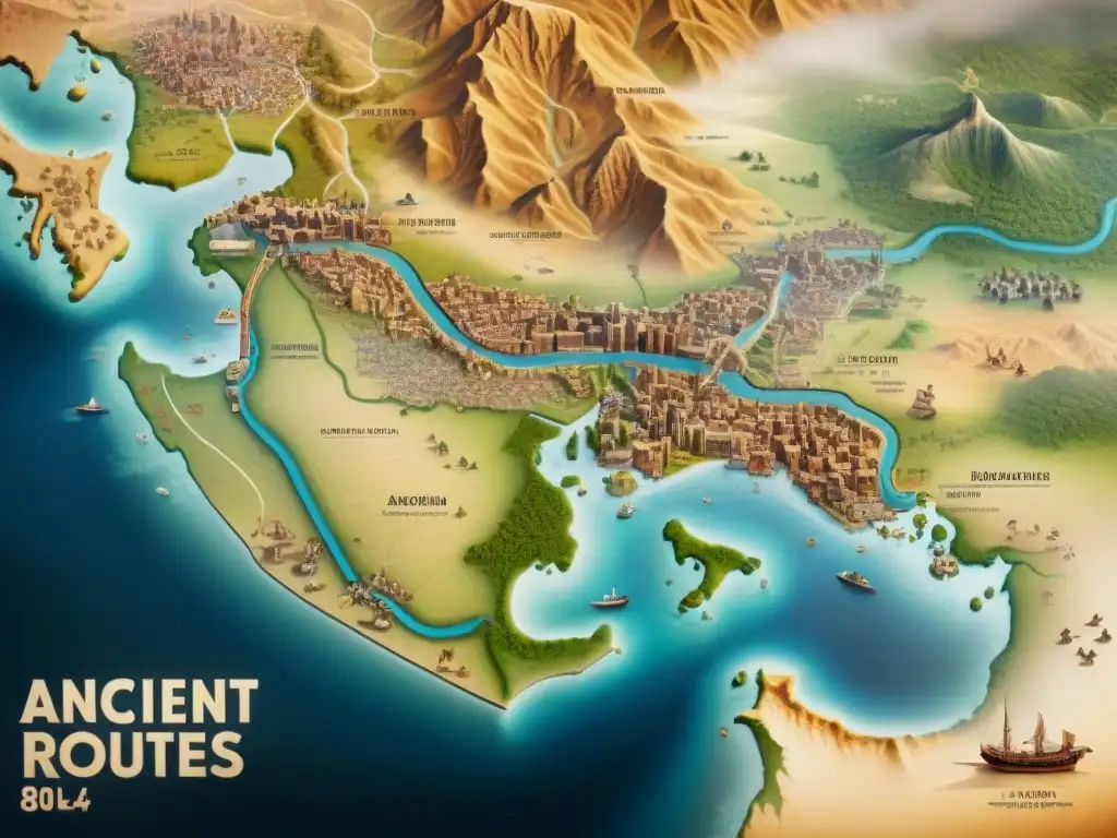 Un mapa detallado en sepia de rutas comerciales antiguas y desarrollo de ciudades