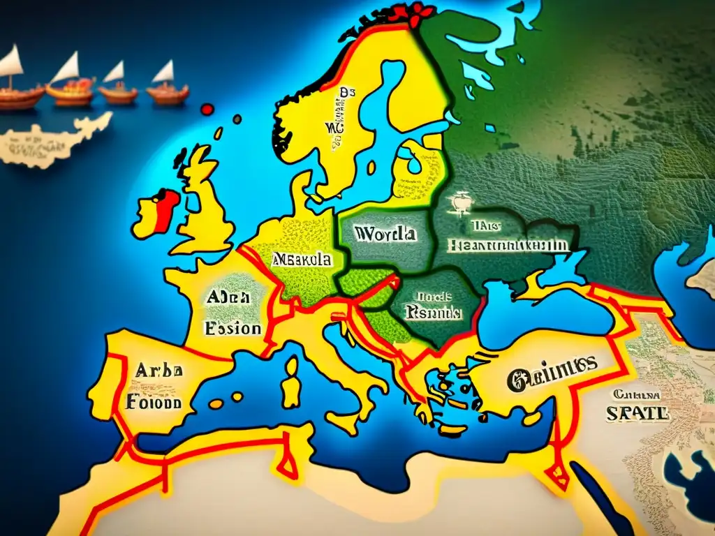 Mapa detallado en sepia de las rutas comerciales entre Europa y el mundo árabe en la Edad Media, fusionando estilos cartográficos