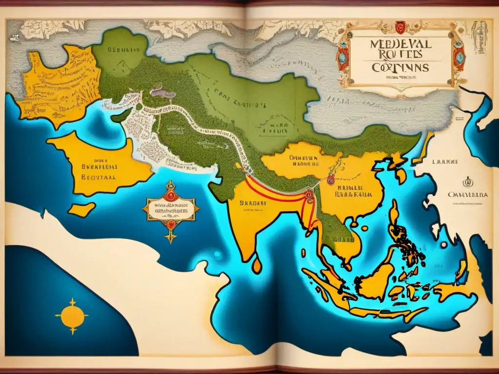 Mapa detallado en sepia de rutas comerciales medievales influenciadas por Marco Polo, con destinos exóticos y elementos cartográficos elaborados