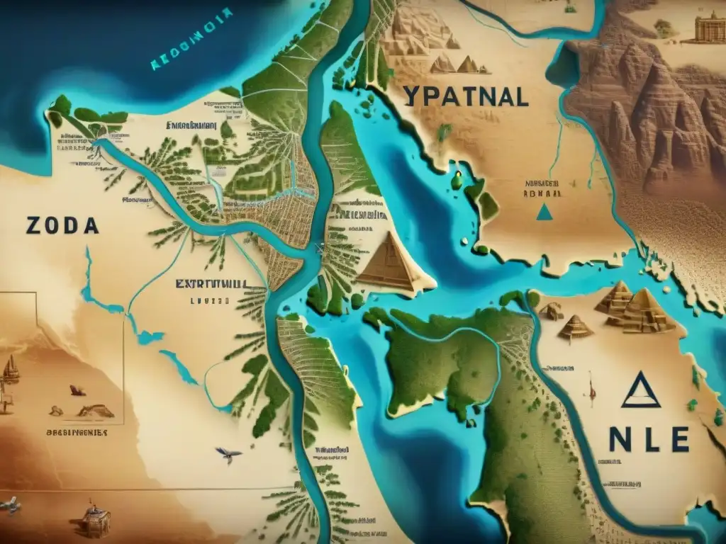 Mapa detallado en sepia de las rutas comerciales egipcias a lo largo del Nilo, con pirámides, templos y jeroglíficos