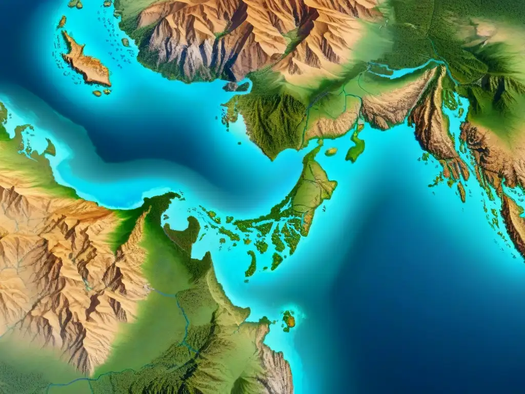 Mapa sepia detallado de rutas comerciales en Asia antigua, con ilustraciones de camellos y barcos